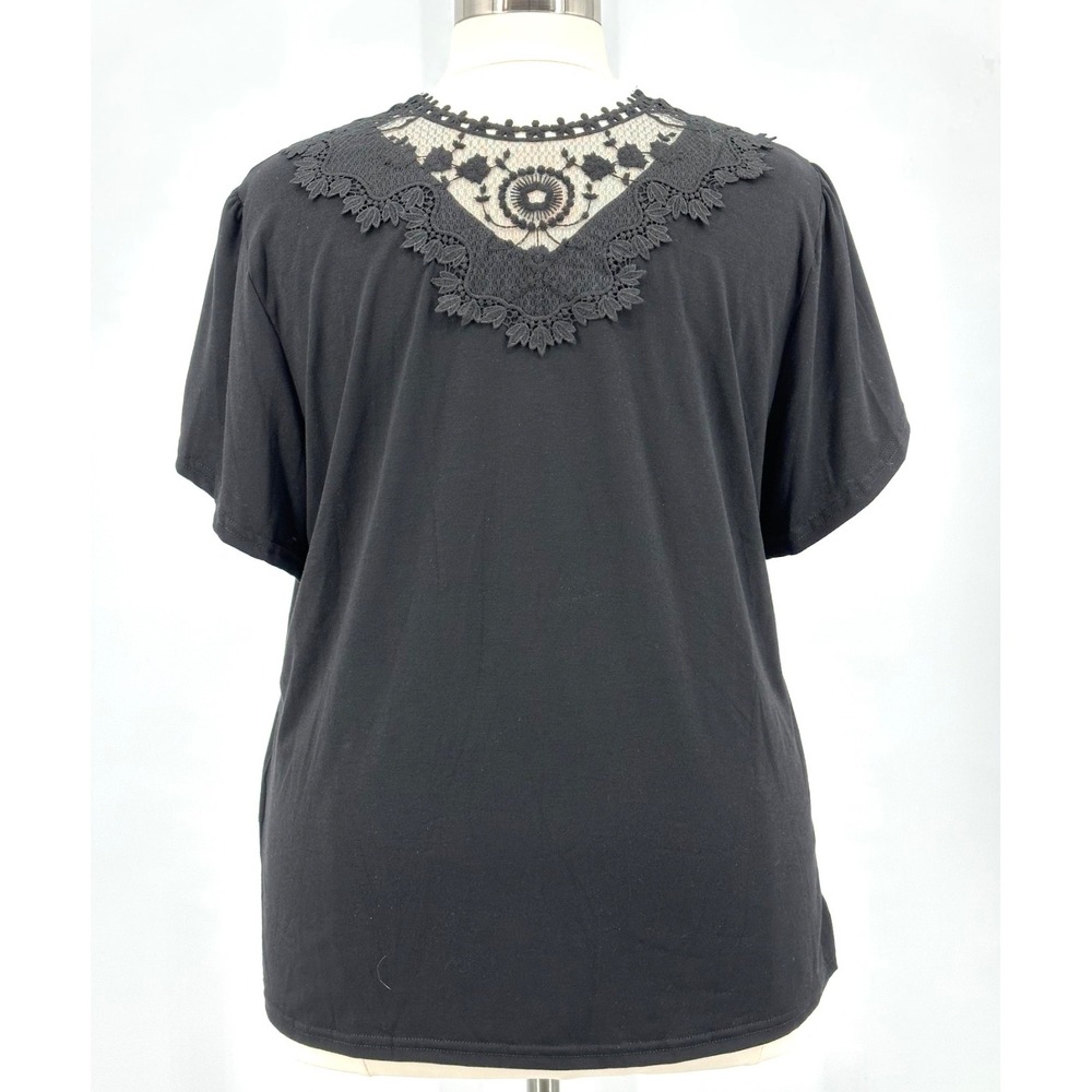 Short‎ Tulip Sleeve Top Black Jersey Stretch Sheer Back Lace Inset Women's 3XL
